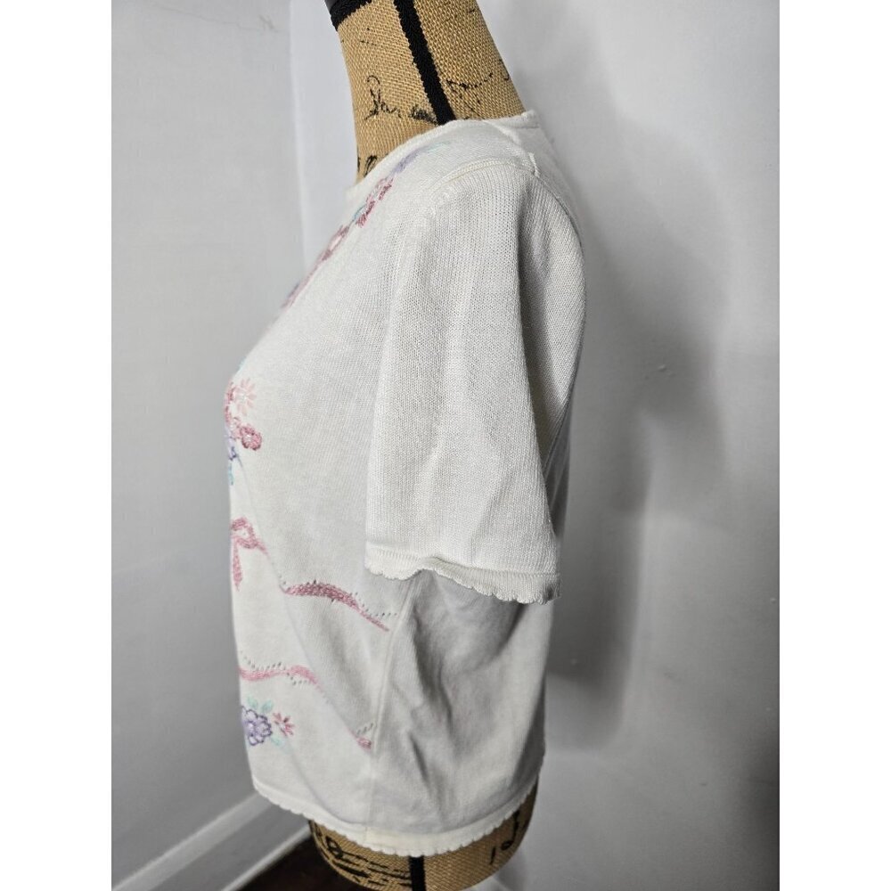 Vintage 90s Grannycore White Pink Bow Floral Embroidered Shirt - Picture 2 of 9